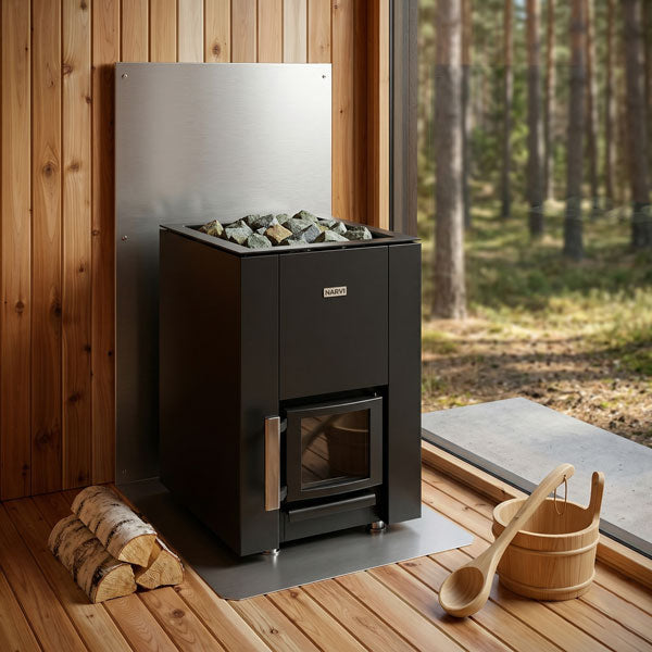 Black wood-burning sauna heater with side handle and open front fire door