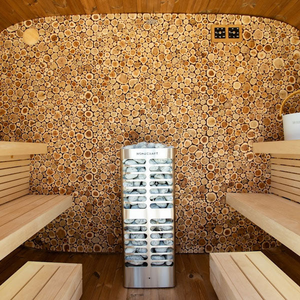 Electric sauna heater centered in sauna room with vented metal sides