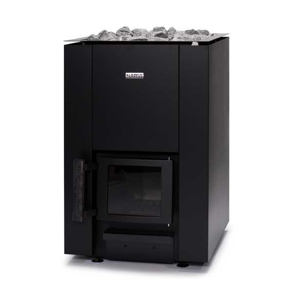 Black wood-burning sauna heater with chimney flue and stone-filled top