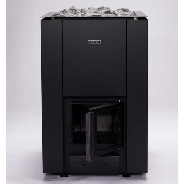 Black wood-burning sauna heater with front glass door and rock-filled top