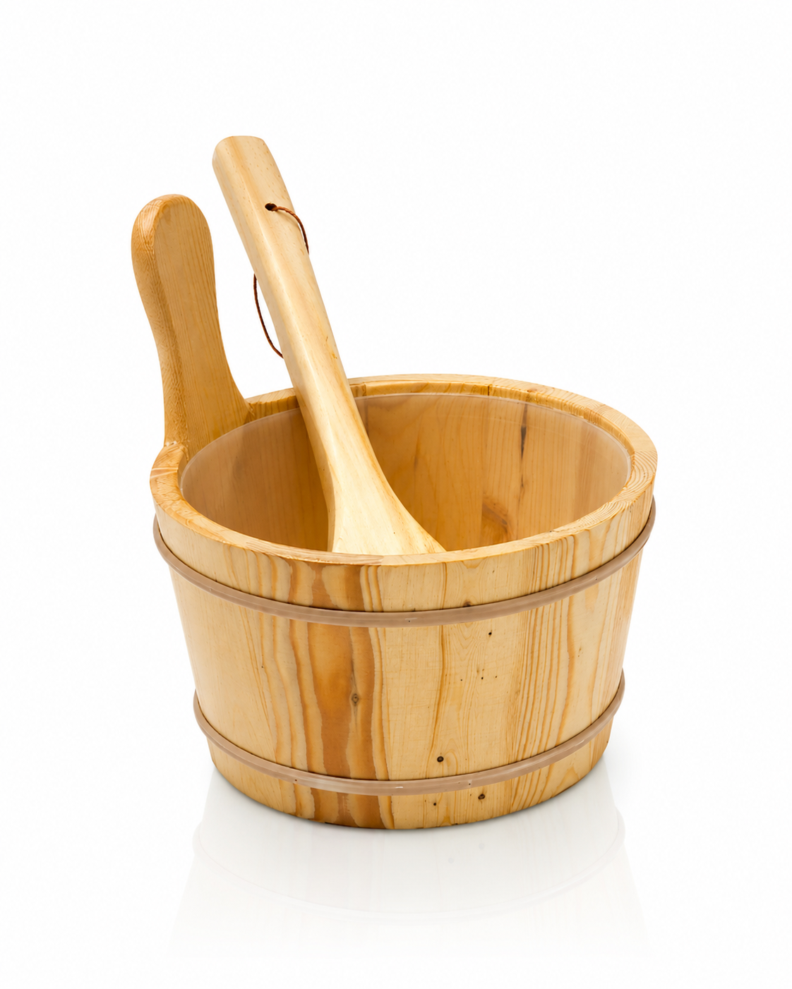 Wooden bucket with two matching wooden ladles, round slatted design