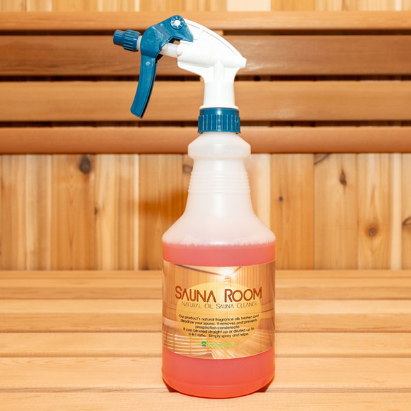 Sauna room cleaner spray bottle on a wooden surface