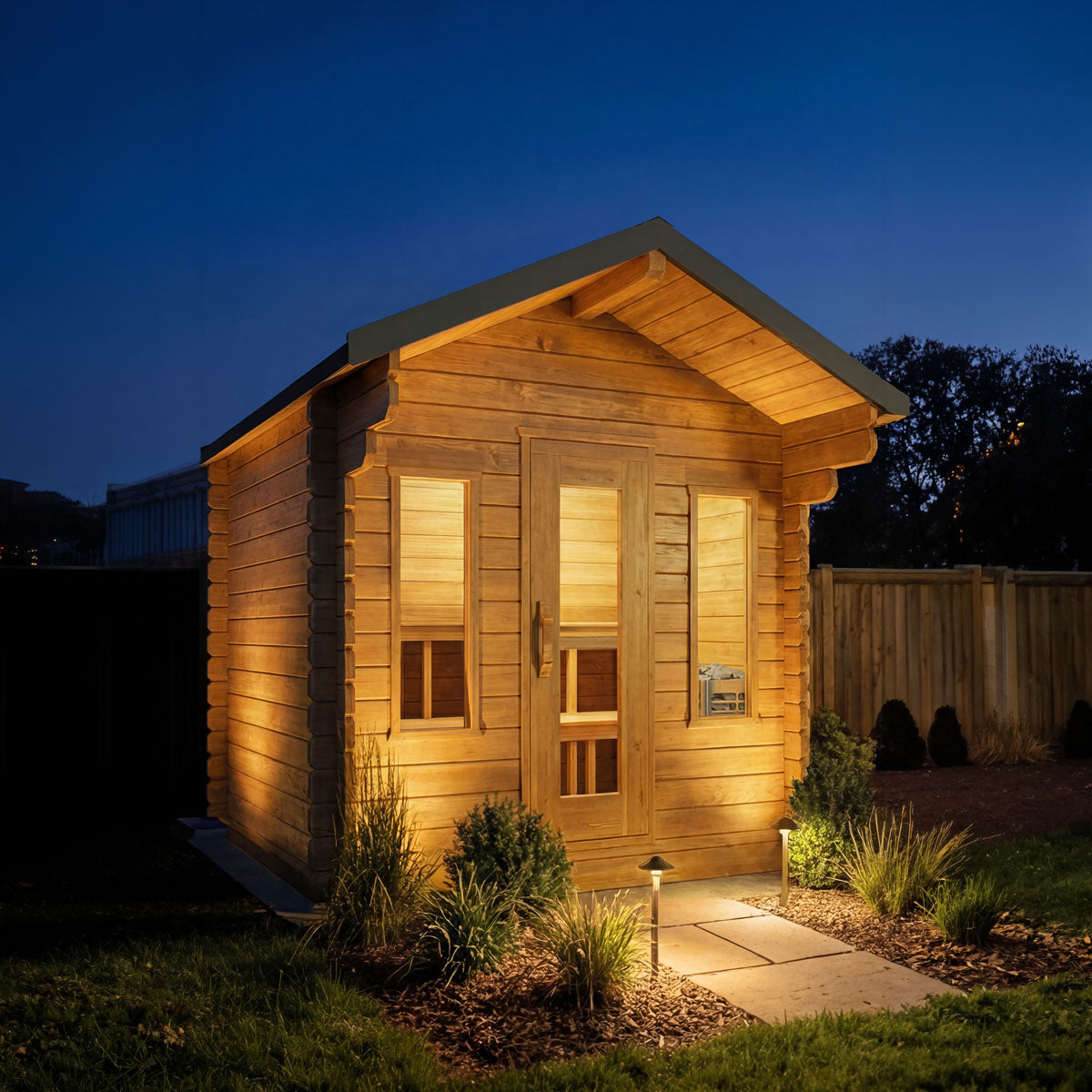 Outdoor sauna cabin with wooden walls, front door, and warm light at dusk