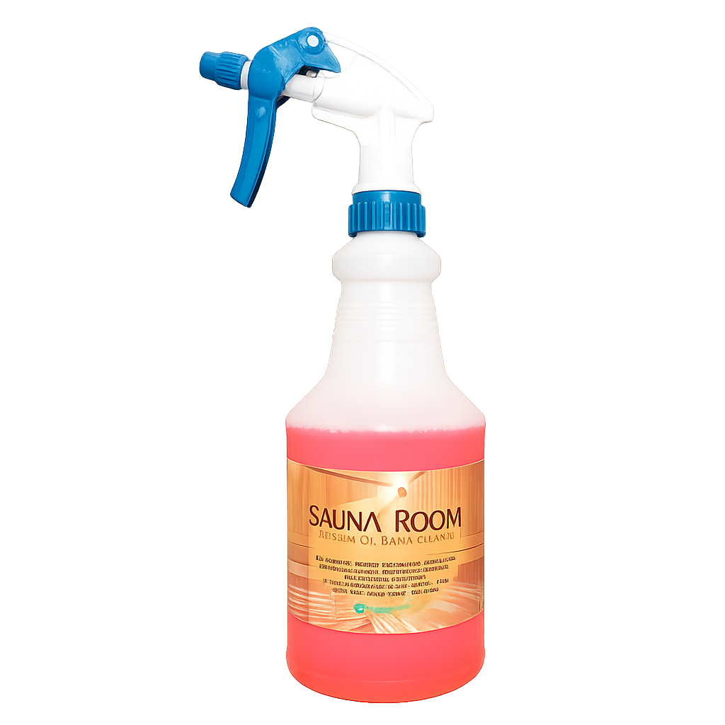 A white spray bottle of Sauna Room bath oil cleaner with a blue trigger sprayer and a pink liquid inside,