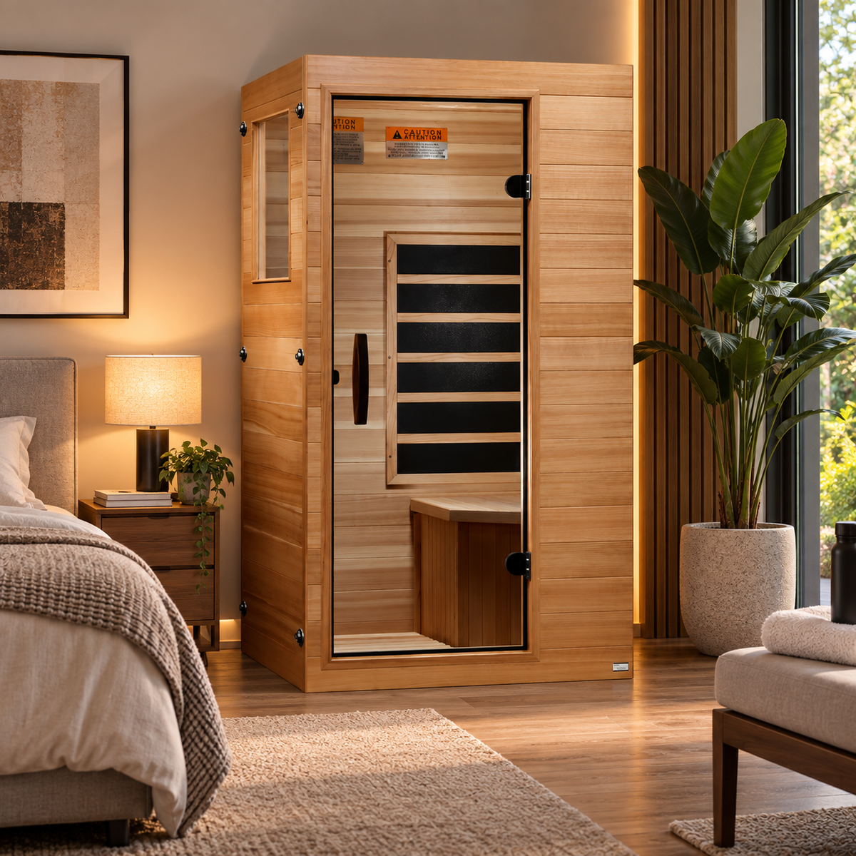 Wooden infrared sauna cabin with glass door and built-in interior bench