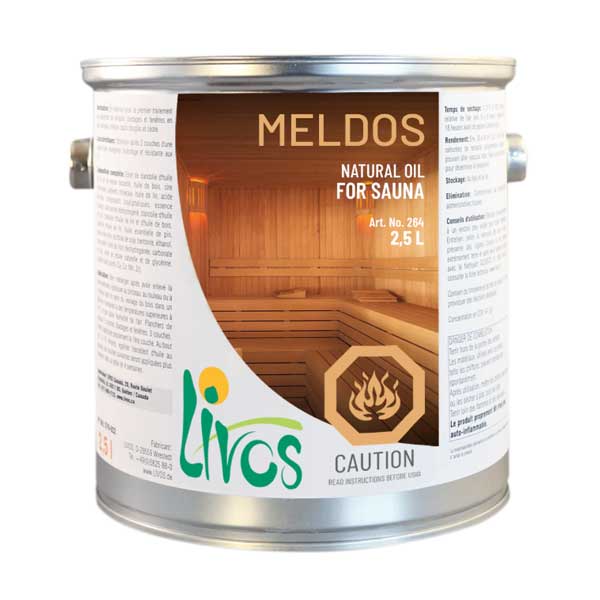 MELDOS natural sauna oil 2.5 L metal can with label and caution icon
