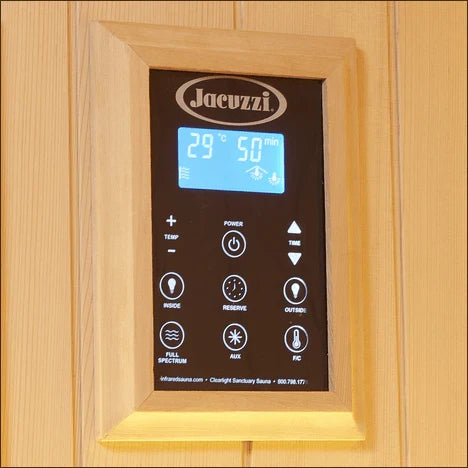 Wood infrared sauna control panel with Jacuzzi display and temperature buttons