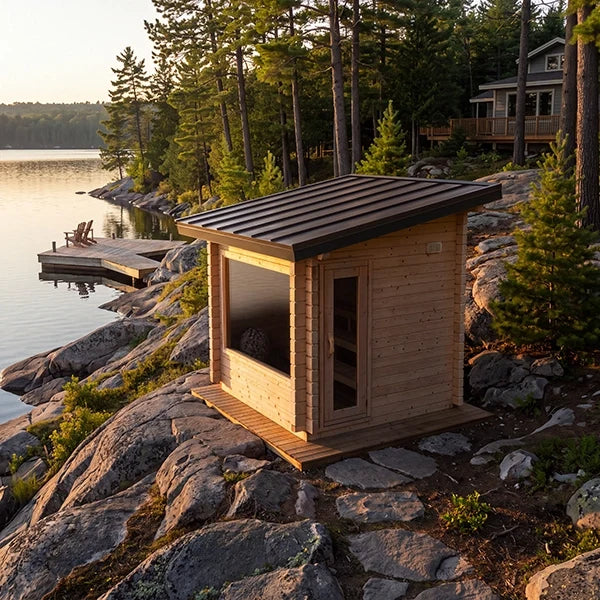 Wood cabin sauna with dark roof panel and wide front entry door