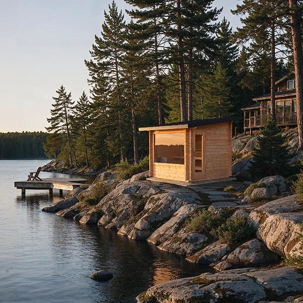 Wood cabin sauna exterior with front window opening and door