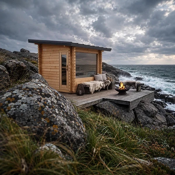 Wood cabin sauna by the shoreline with glass window and side seating bench