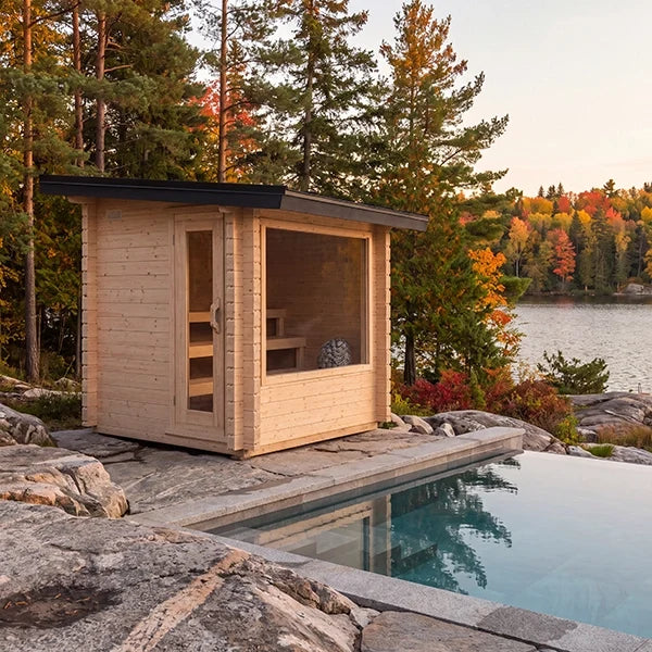 Wood cabin sauna with double doors and large side window panel