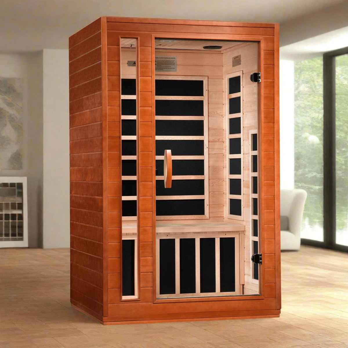 Dynamic Cordoba 2-person Low EMF FAR Infrared Sauna DYN-6203-01 made with premium Canadian Hemlock wood for home spa relaxation and wellness recovery.