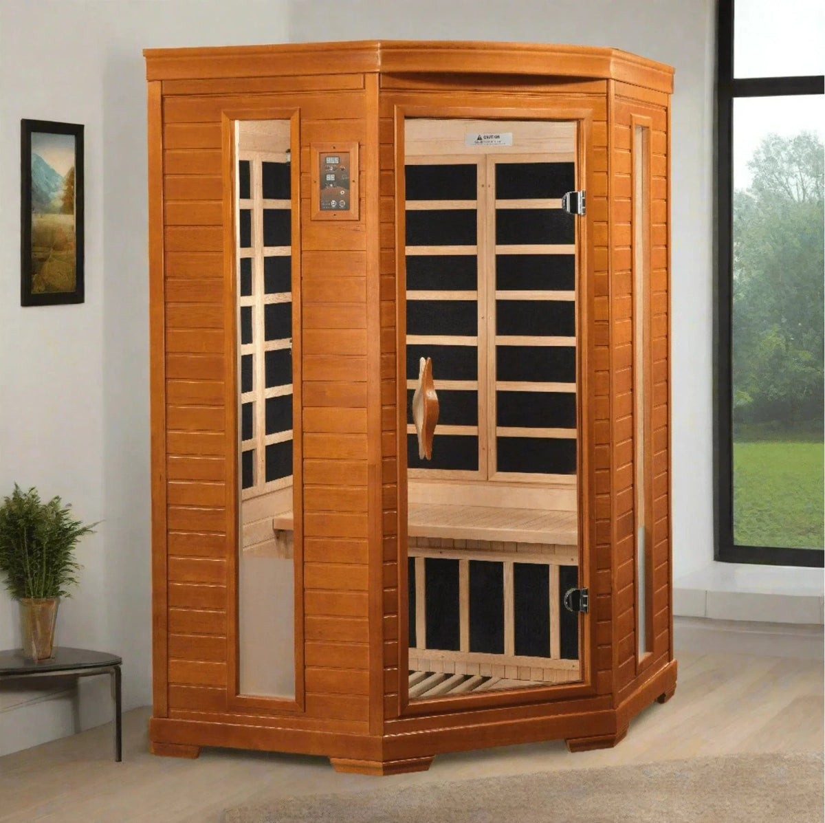 Dynamic Saunas Heming 2-person corner infrared sauna DYN-6225-02 with Low EMF FAR infrared heating, Canadian Hemlock wood construction, designed for home spa relaxation and improved circulation