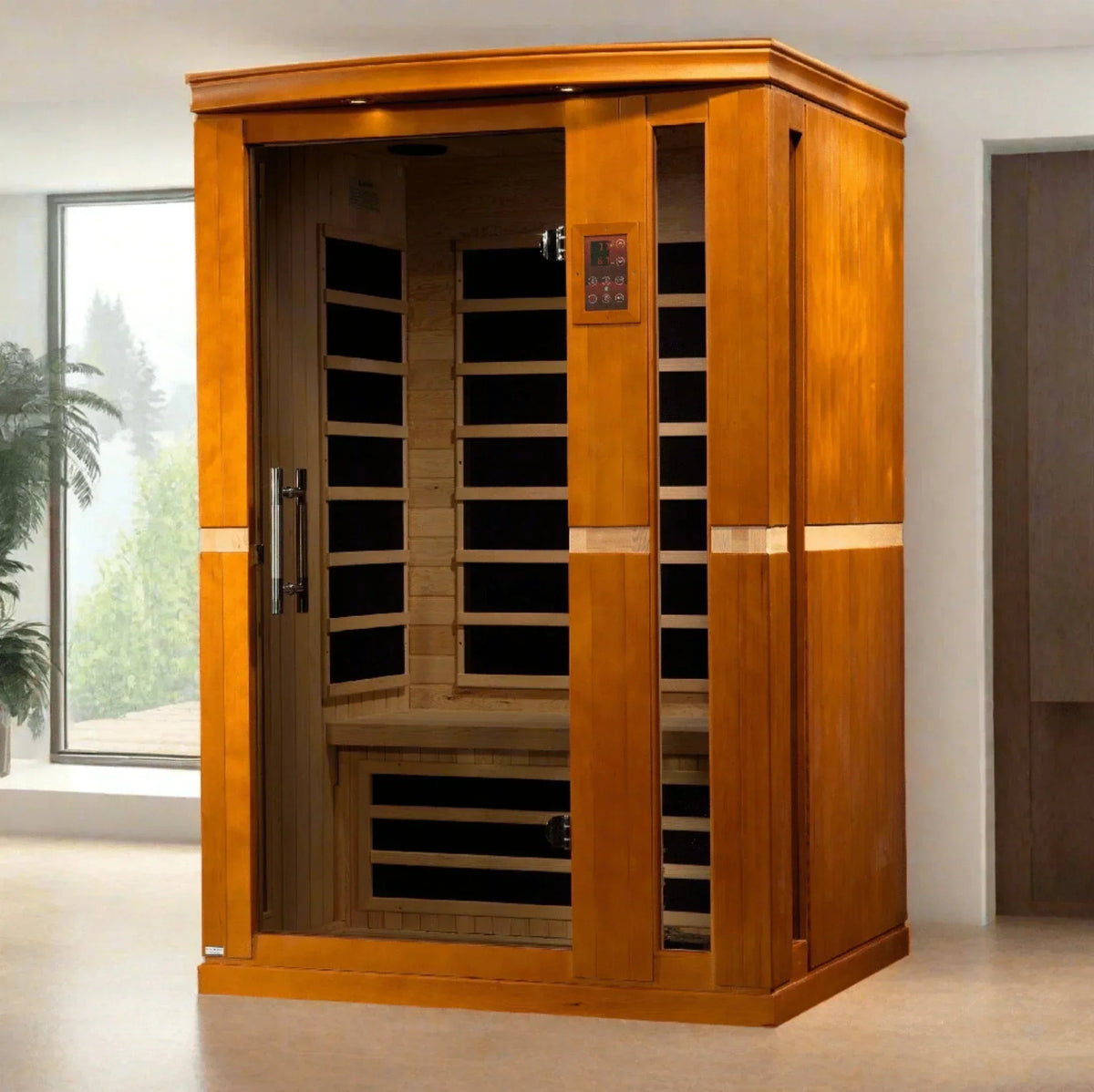 Dynamic Vittoria 2-person low EMF (under 8 MG) FAR infrared sauna DYN-6220-01 crafted with Canadian hemlock wood featuring modern indoor spa design, Bluetooth speakers, and chromotherapy lighting