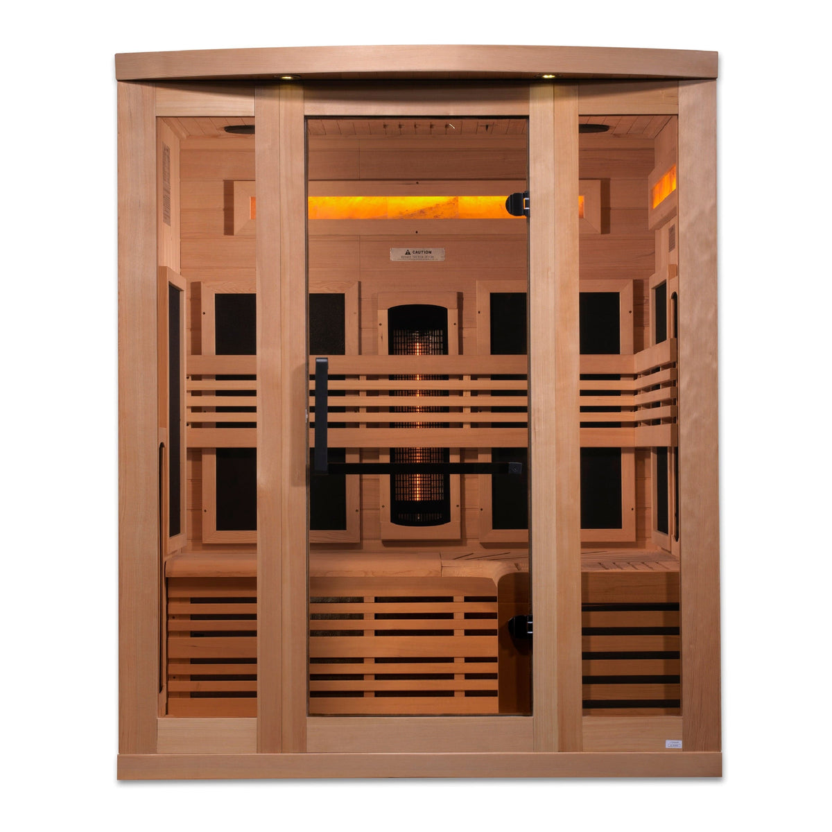 Golden Designs Reserve Edition 3 Person Full Spectrum Sauna with Himalayan salt therapy, premium Canadian Hemlock wood interior, infrared heating technology, and integrated chromotherapy lighting.