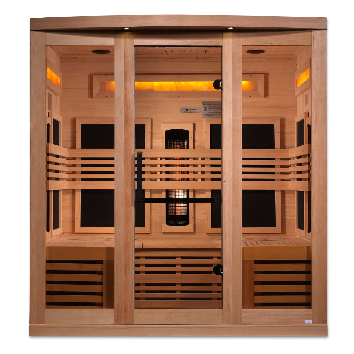 Interior of Golden Designs Reserve Edition sauna showcasing integrated glowing Himalayan salt bars for enhanced air quality and therapeutic wellness.