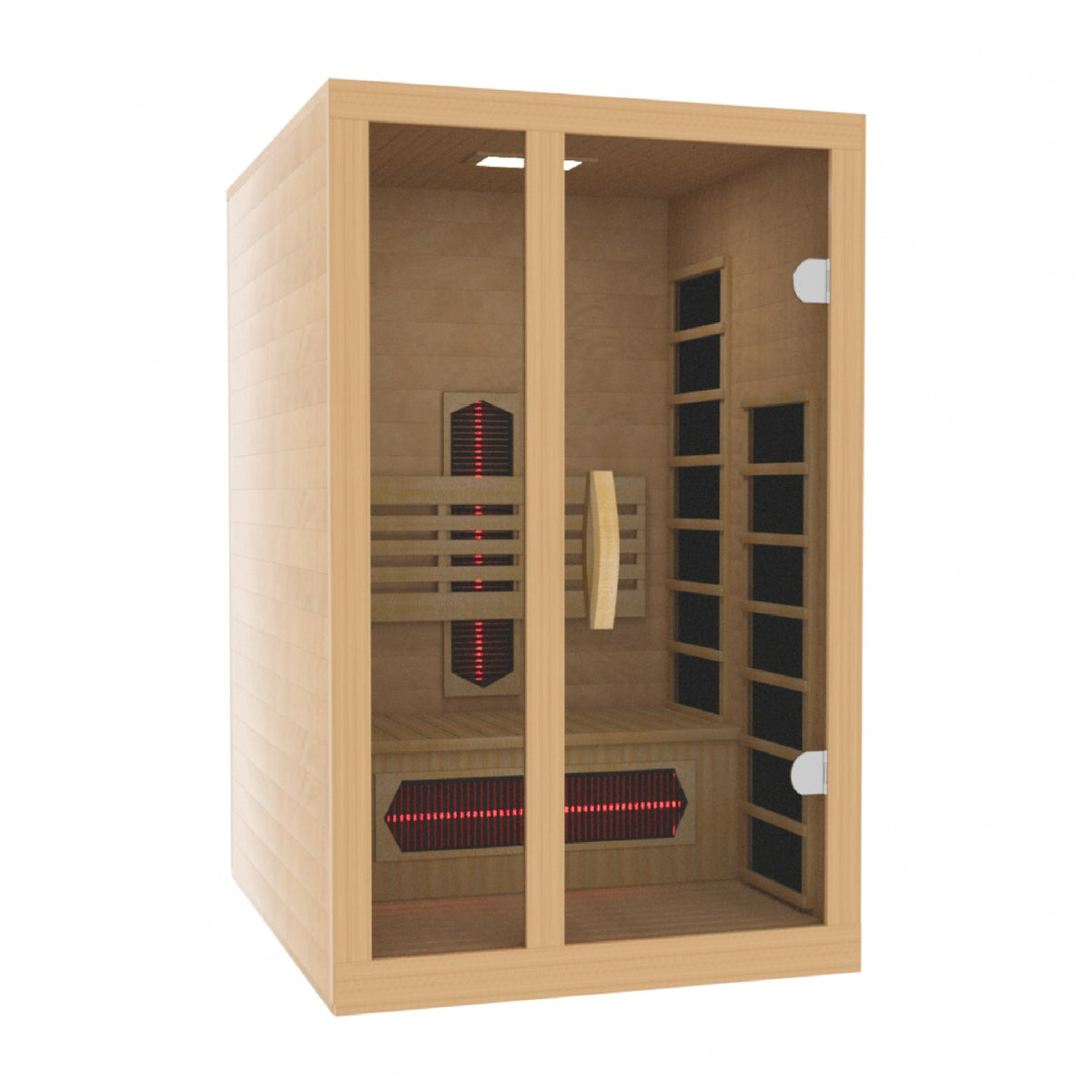 Wood infrared sauna cabin with glass door, back heater panels and bench seating