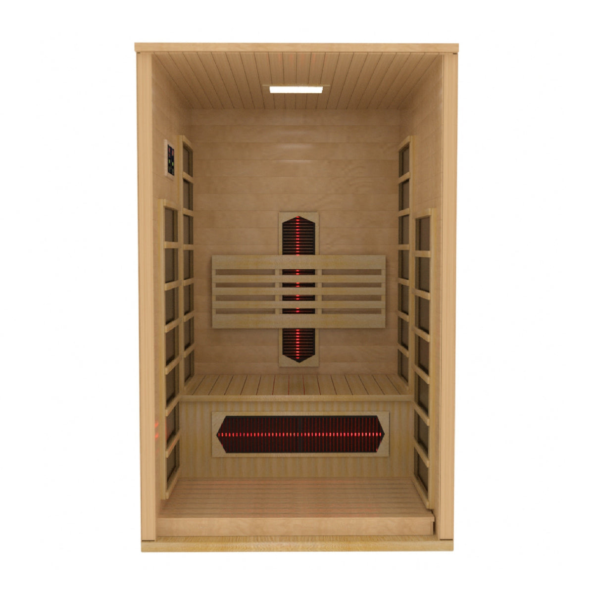 Wood infrared sauna interior showing central bench, overhead light, and heater array