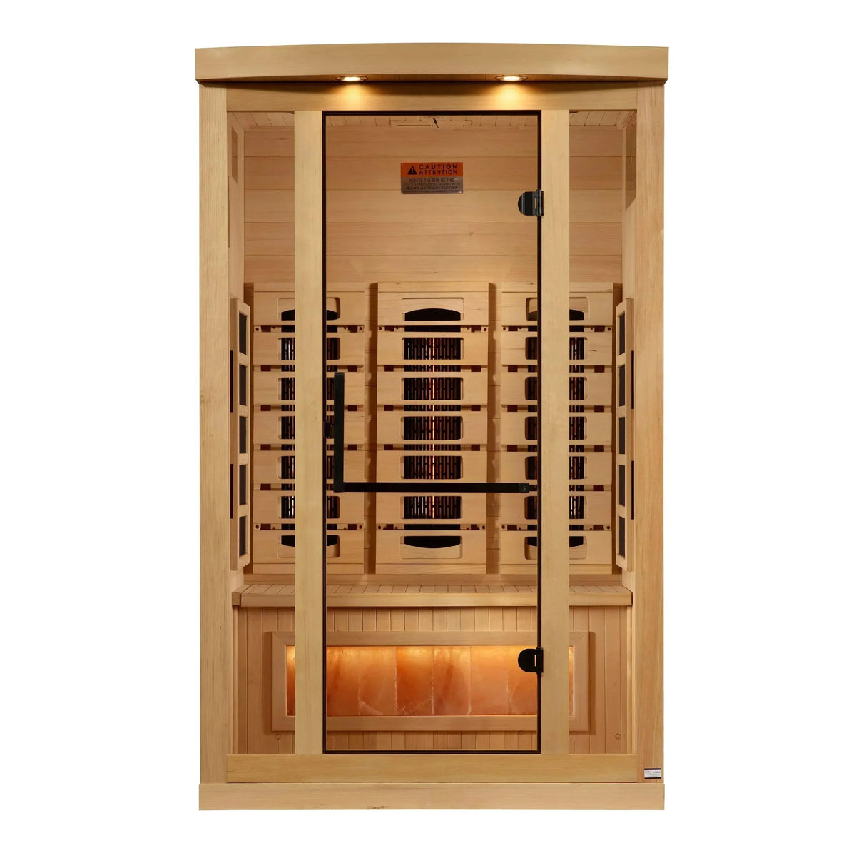 Interior detail of the Golden Designs 2-person Reserve Edition sauna highlighting the integrated glowing Himalayan salt bar for a therapeutic home spa experience.