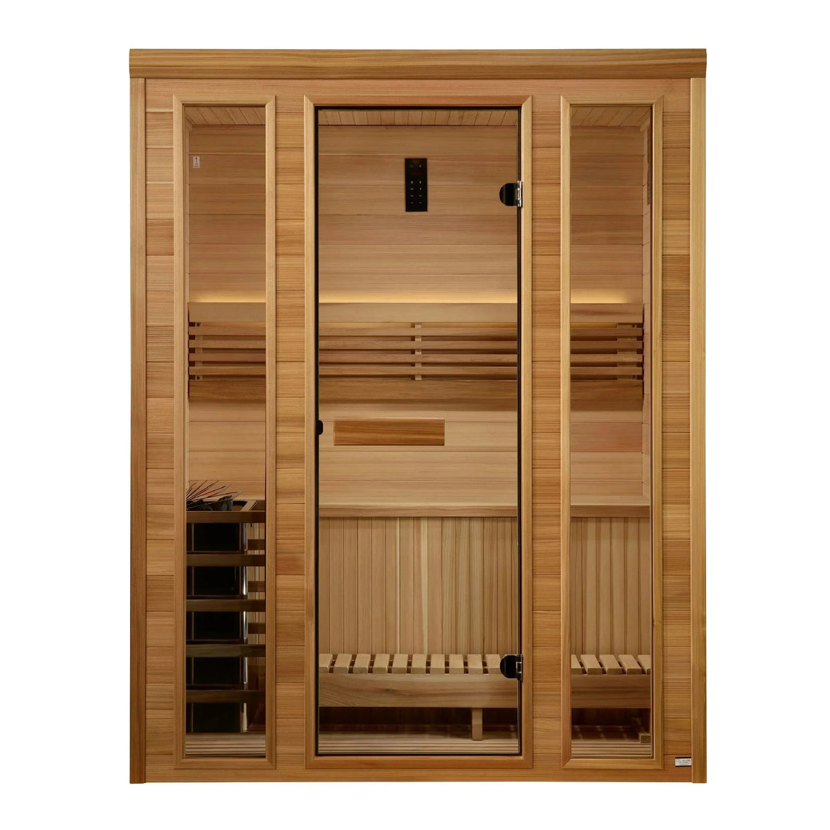 Golden Designs Andermatt Edition 3-Person Traditional Steam Sauna made from premium Pacific Clear Cedar wood for authentic home wellness and relaxation experience
