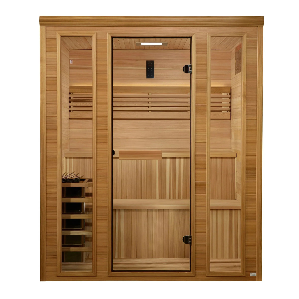 Golden Designs 2025 Engelberg Edition 6 Person Traditional Steam Sauna with premium wood construction and spacious interior designed for relaxing home sauna sessions.