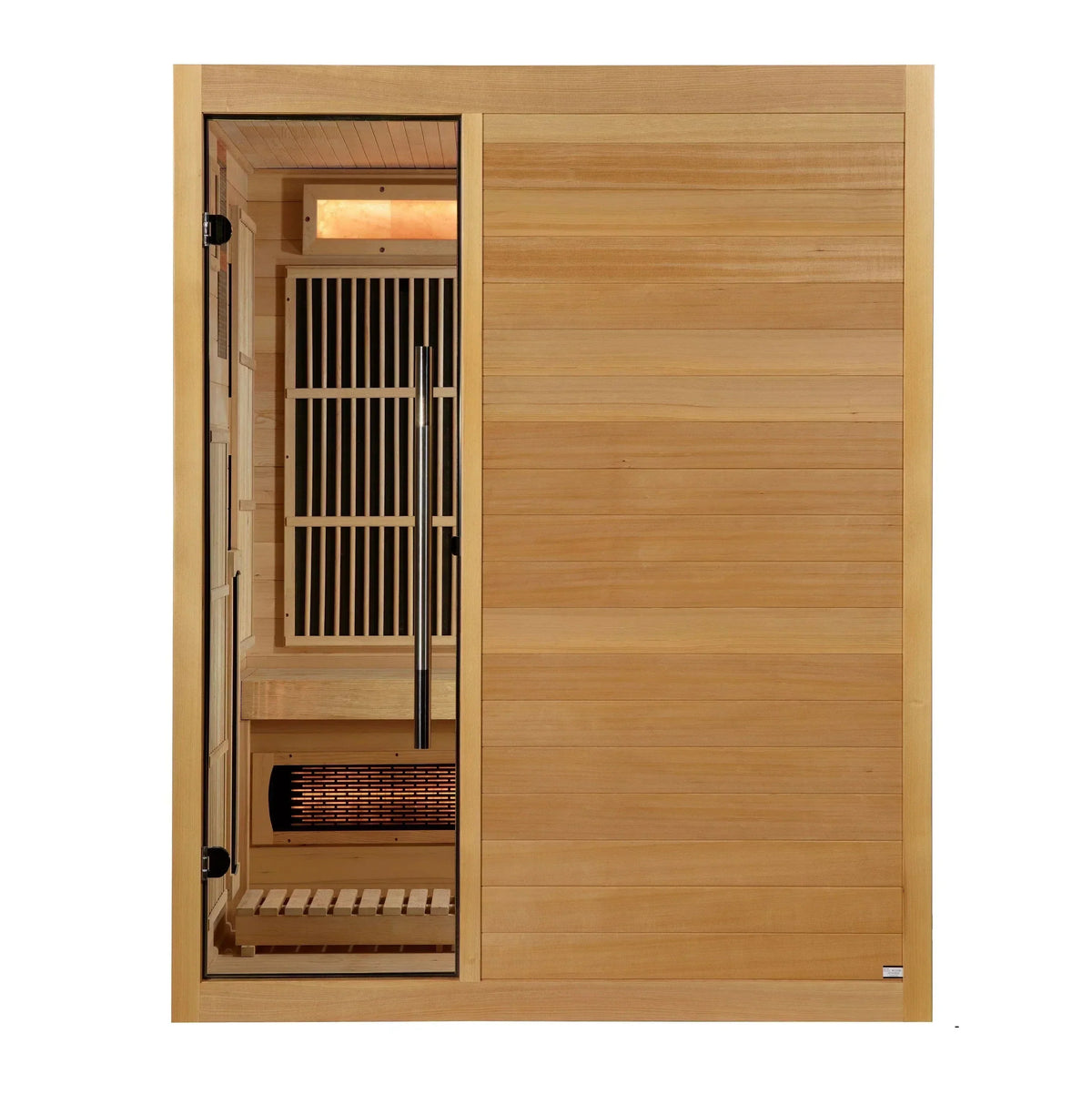 Interior of Golden Designs Soria hybrid sauna featuring natural Canadian Hemlock wood, a floating bench, and a built-in Himalayan salt bar with red light chromotherapy.