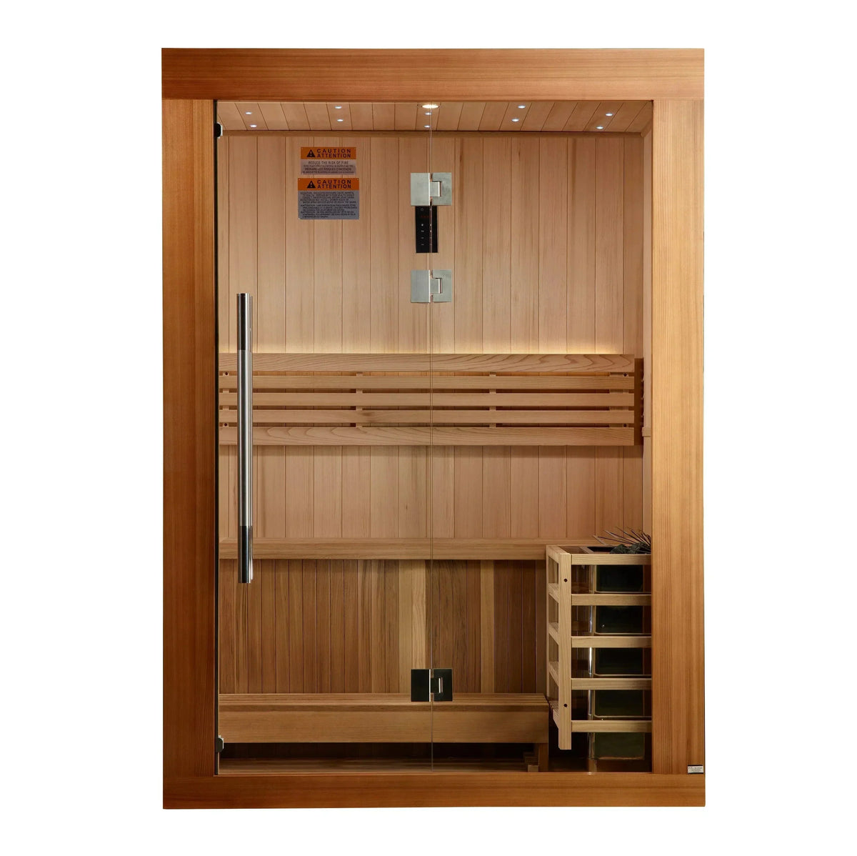 Cozy interior layout of the Golden Designs Sundsvall traditional sauna showcasing premium aromatic Canadian Red Cedar wood bench seating.
