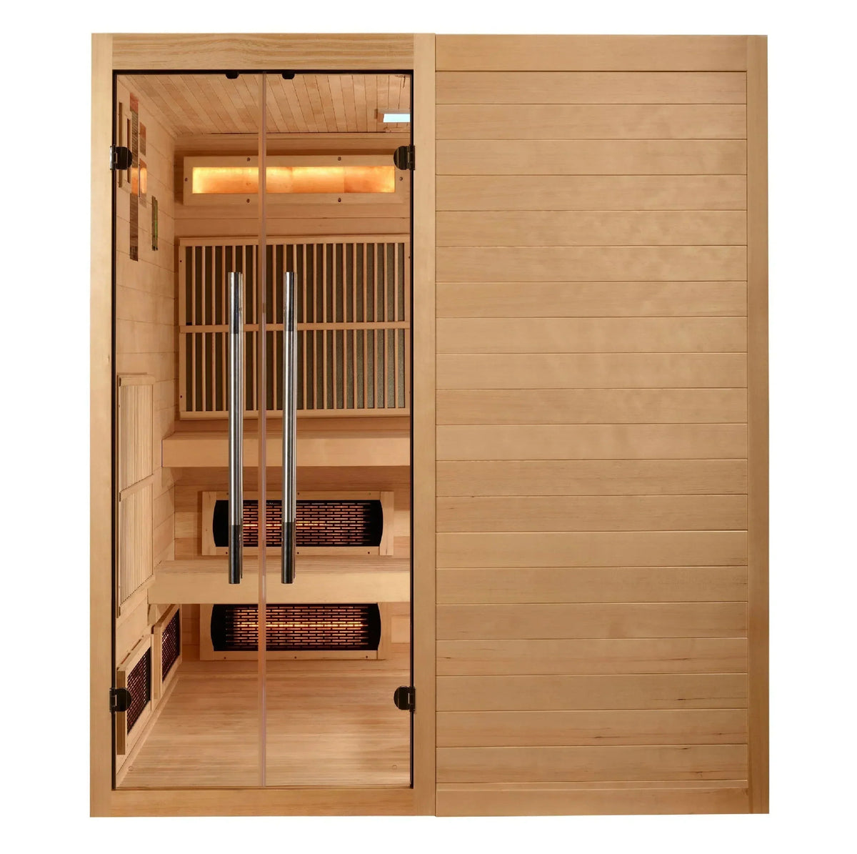 Interior of Golden Designs Toledo hybrid sauna showcasing the Harvia traditional heater stove and PureTech full spectrum infrared wall panels.