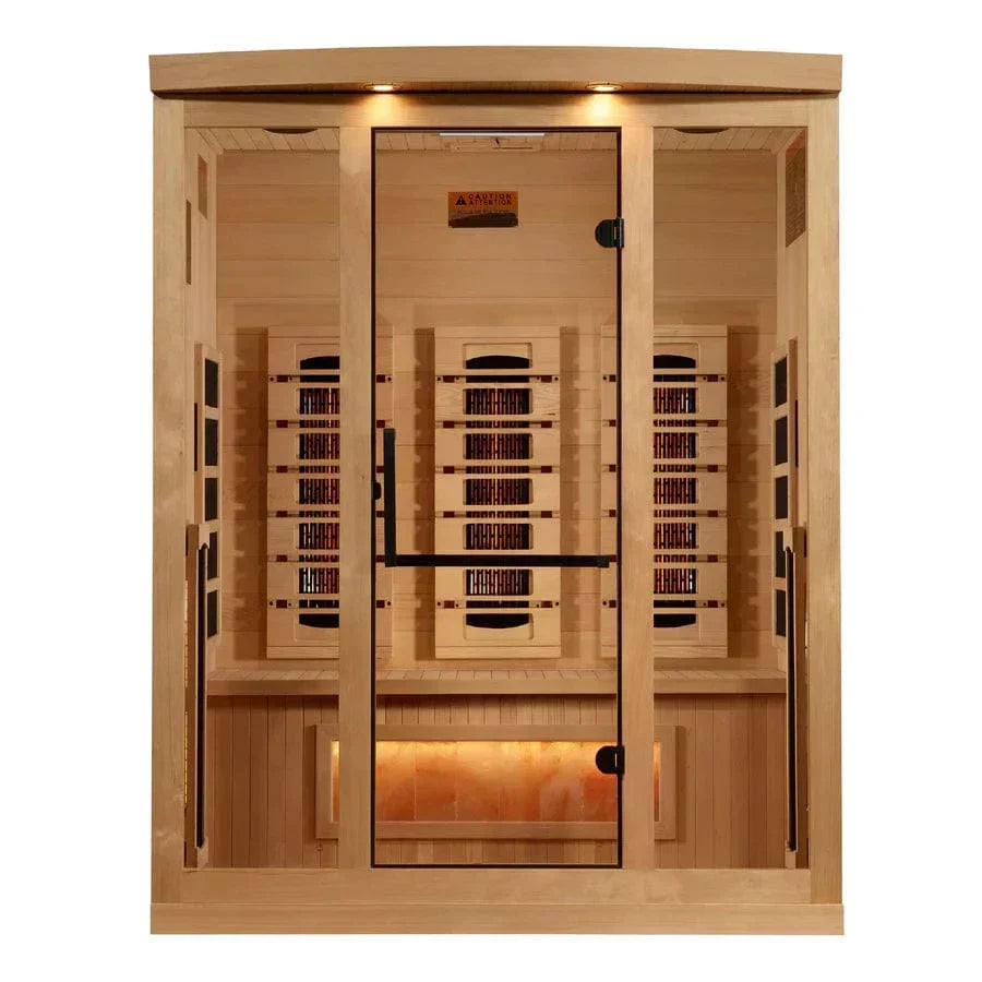 Interior detail of Golden Designs GDI-8030-03 sauna highlighting the glowing Himalayan salt bars positioned above the rear heaters and under the bench.