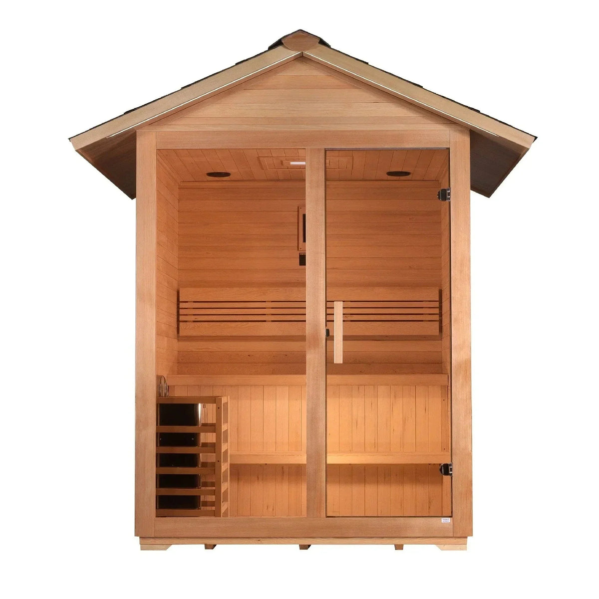 Golden Designs Arlberg 3-person outdoor traditional sauna built with Canadian Hemlock and waterproof exterior finish for luxury backyard spa experience