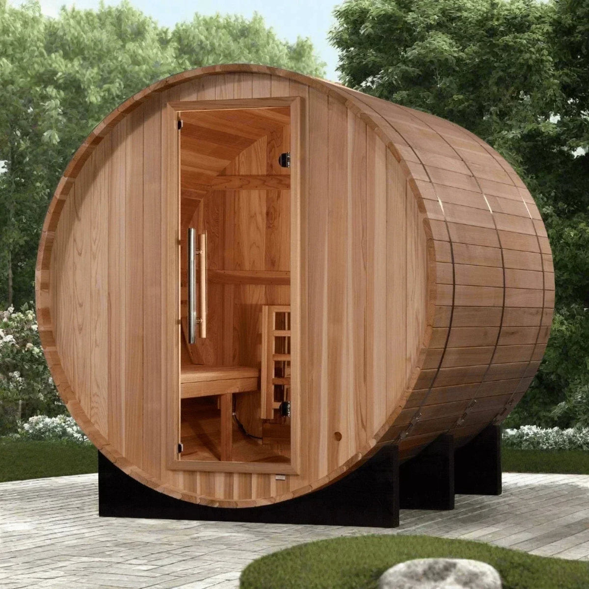 Golden Designs Arosa GDI-B004-01 4-person traditional outdoor barrel sauna kit made from premium Pacific Cedar wood.