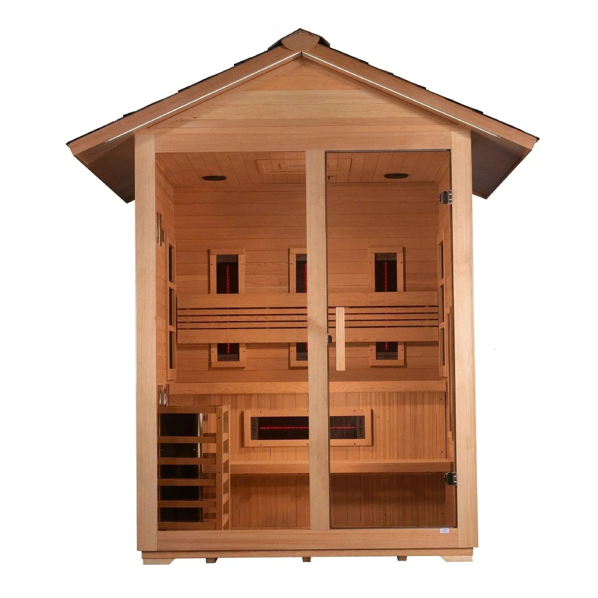 Interior view of the Golden Designs Carinthia outdoor sauna showing the premium Harvia traditional stove heater and natural Canadian Hemlock wood benches.