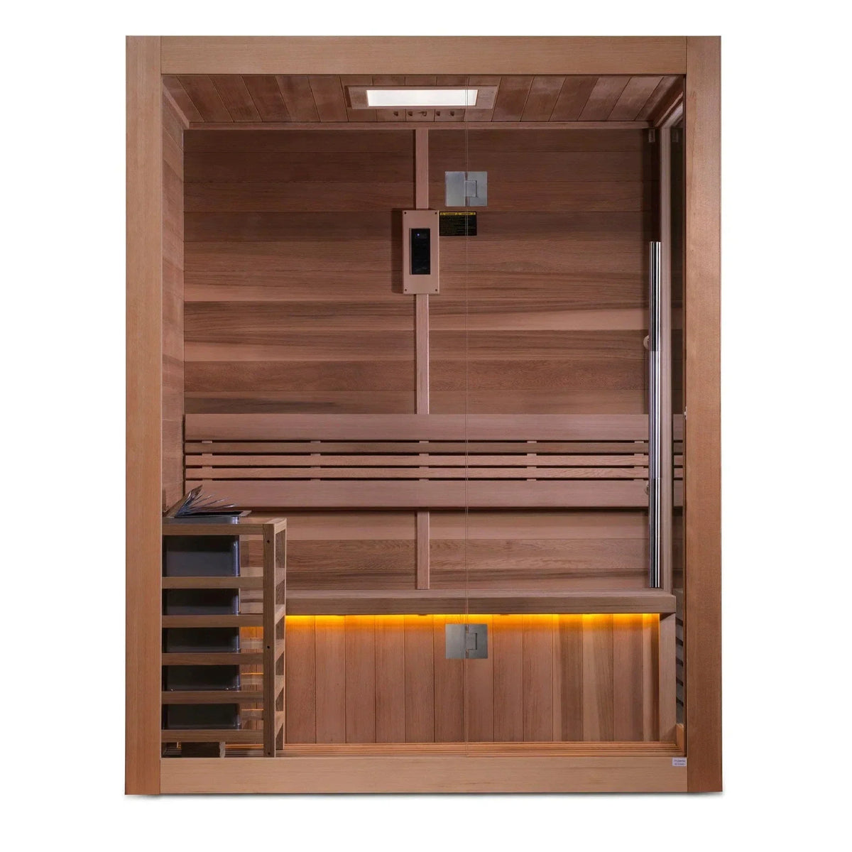 Interior layout of the Golden Designs Hanko traditional sauna showcasing the rich grain of the 100% natural Canadian Red Cedar wood lining.