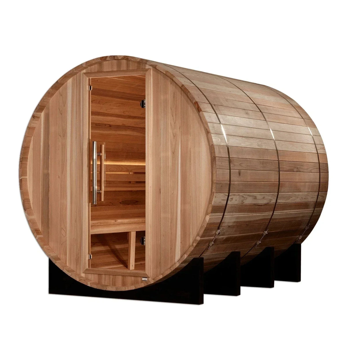 Golden Designs Klosters 6 Person Barrel Traditional Sauna GDI-B006-01 crafted from premium Pacific cedar wood featuring a spacious outdoor barrel design with powerful Harvia heater for authentic traditional sauna experience and home wellness relaxation.