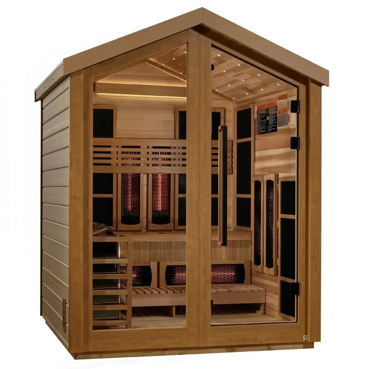 Interior layout of the Golden Designs Hanko traditional sauna showcasing the rich grain of the 100% natural Canadian Red Cedar wood lining.