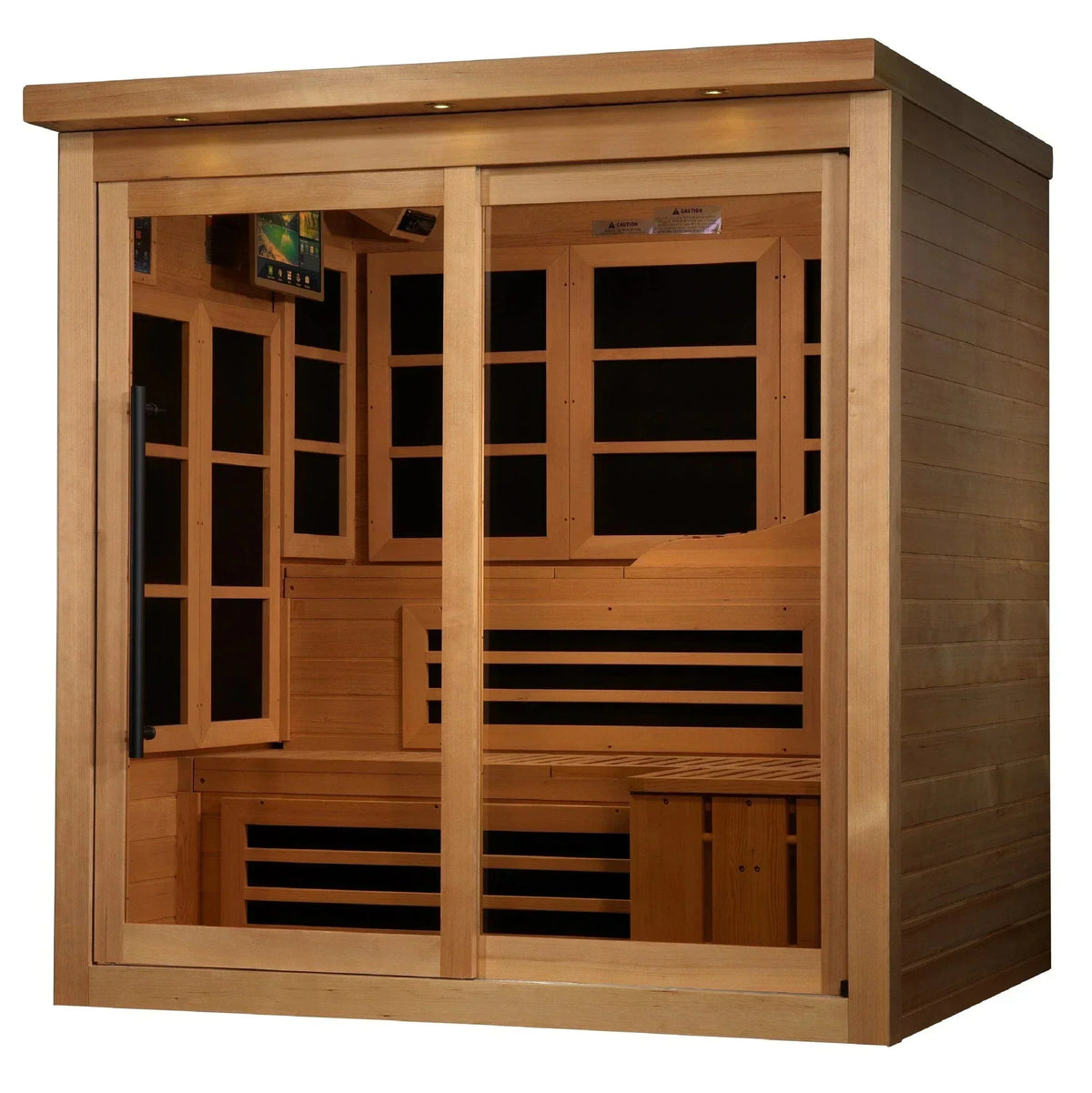 Spacious freestanding 6-person home infrared sauna cabin featuring a luxury tempered glass entrance door design.