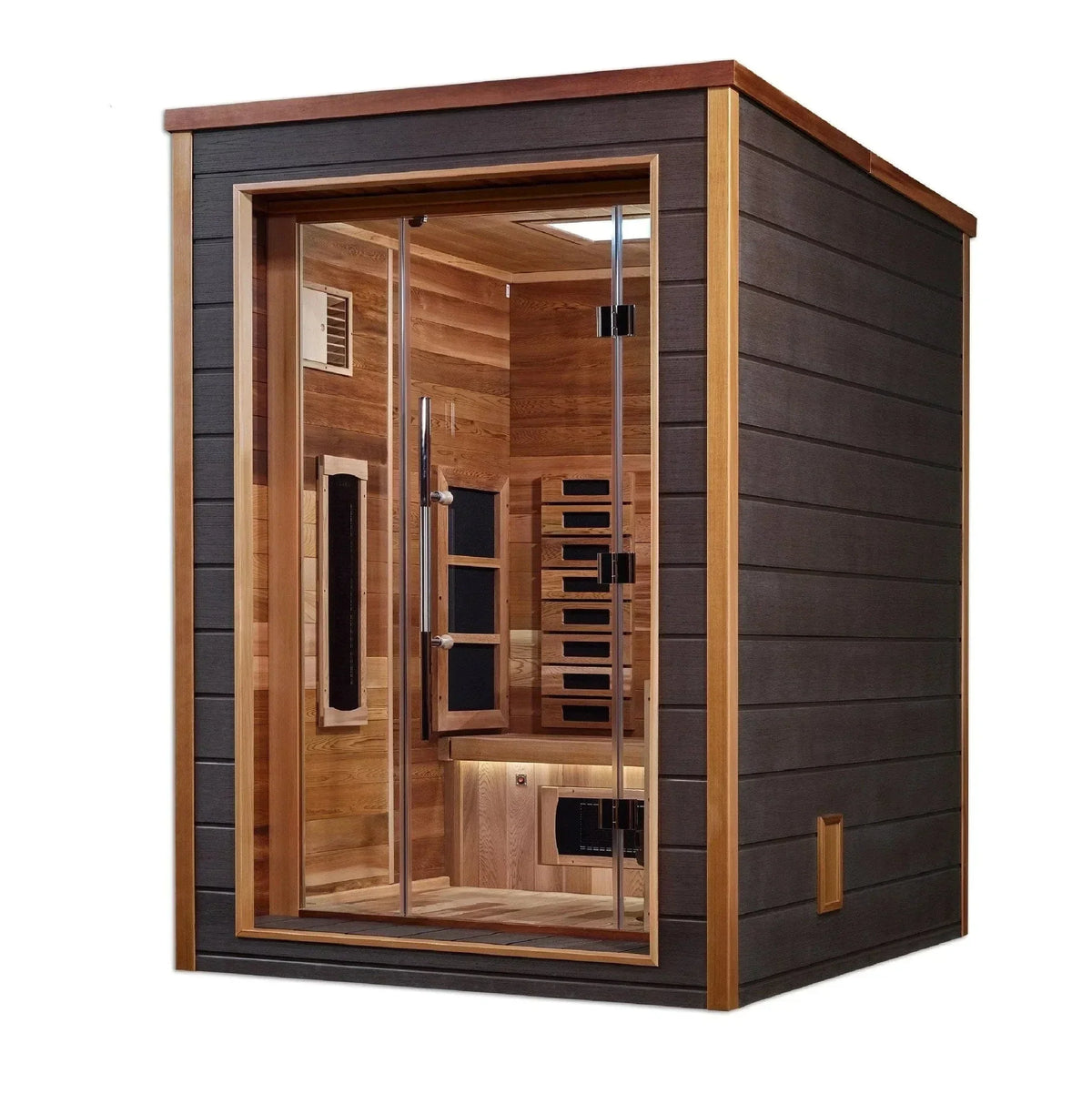Cozy interior layout of the Golden Designs Nora outdoor hybrid sauna showcasing premium aromatic Canadian Red Cedar wood lining and two-person seating.
