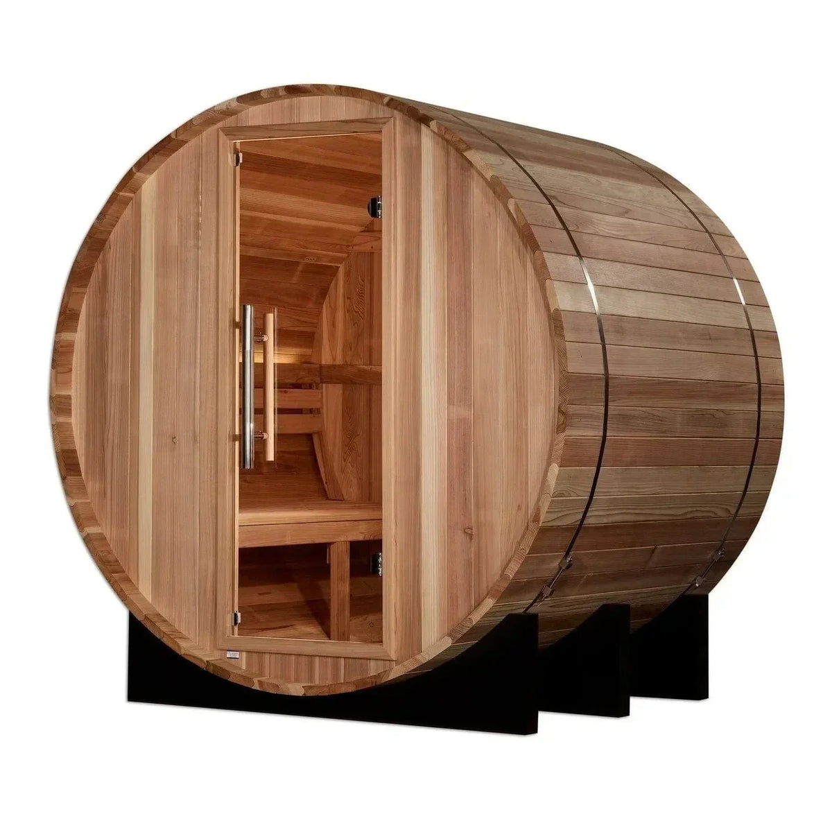 2-person Golden Designs St. Moritz barrel sauna crafted from premium Pacific Cedar wood for outdoor home spa and wellness experience