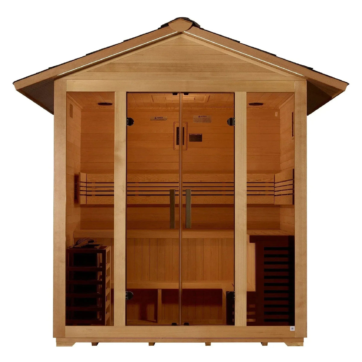 Spacious interior multi-level bench seating crafted from natural Canadian Hemlock wood inside the Golden Designs Vorarlberg outdoor sauna.