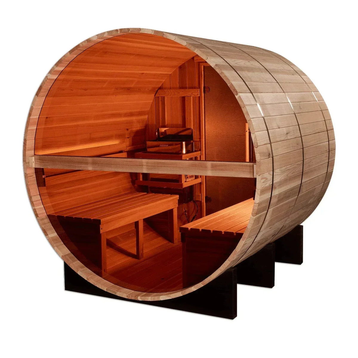 Golden Designs Zurich 4 Person Barrel Traditional Sauna crafted from premium wood with spacious interior seating, classic barrel design, and outdoor home wellness experience.
