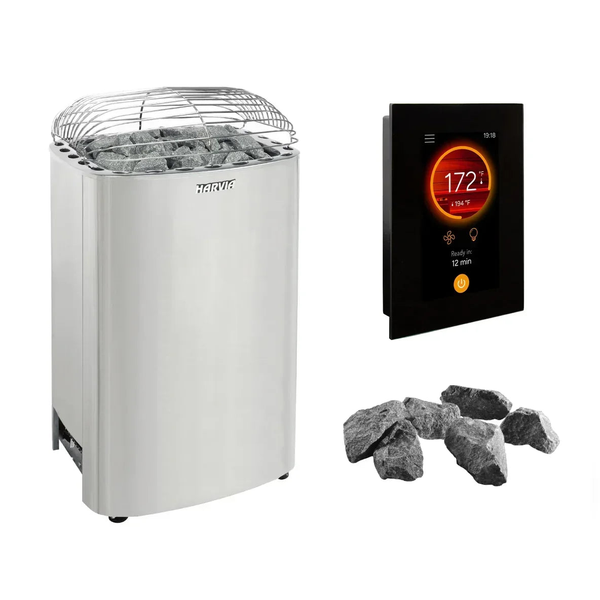 White Harvia electric sauna heater with stone basket, control panel display, and loose rocks