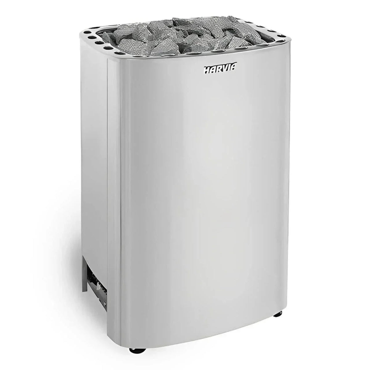 Harvia stainless steel sauna heater with gray rock stones on top