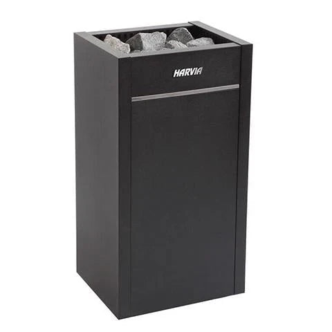 Electric sauna heater with top stone tray, dark metal body and front access panel