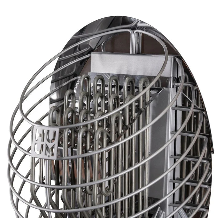 HUUM electric sauna heater with stainless metal guard and visible HUUM logo