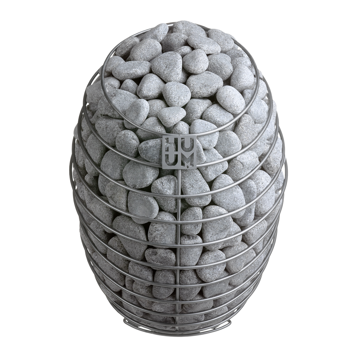 Electric sauna heater filled with gray stones in wire basket