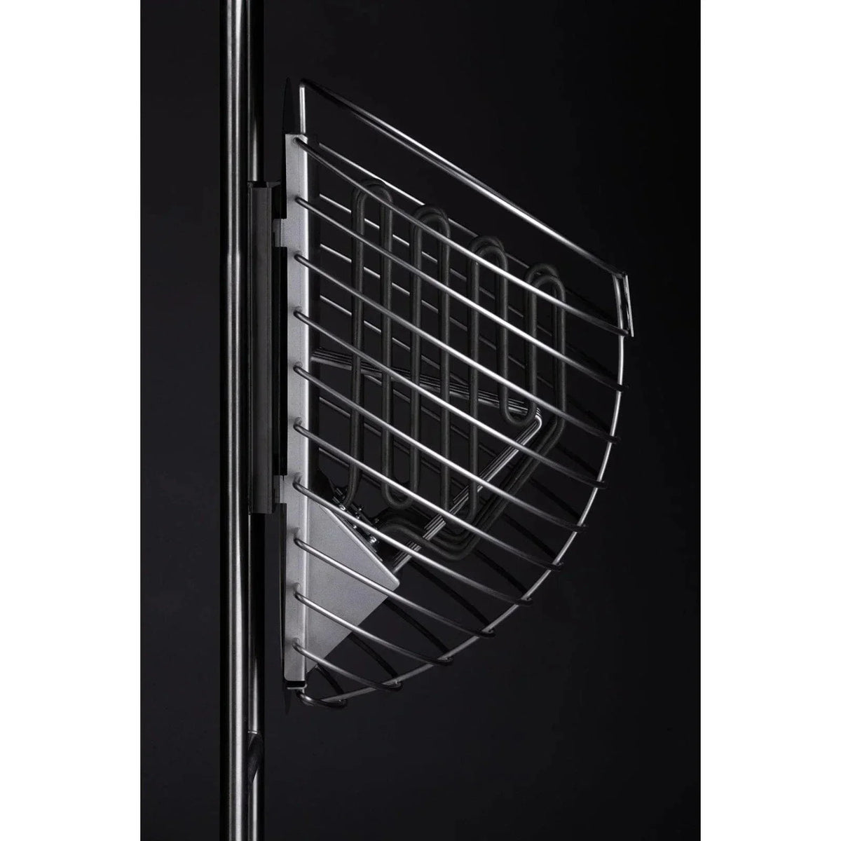 Sauna heater wall-mounted view of black heating element and steel guard