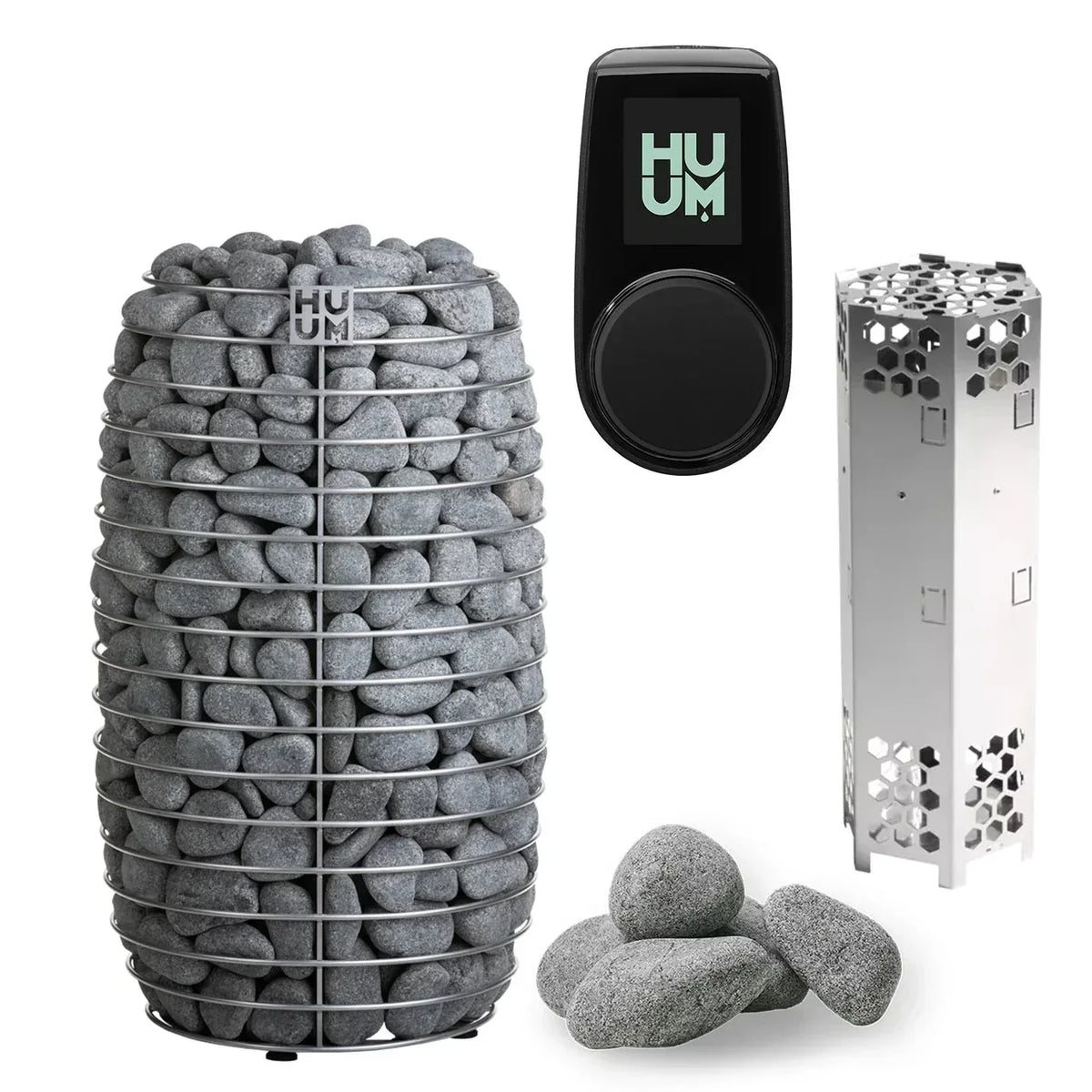 Electric sauna heater with gray stones, black control unit, and stainless steel heater body
