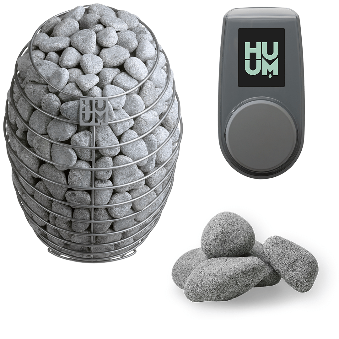 Electric sauna heater with gray stones and gray HUUM control unit