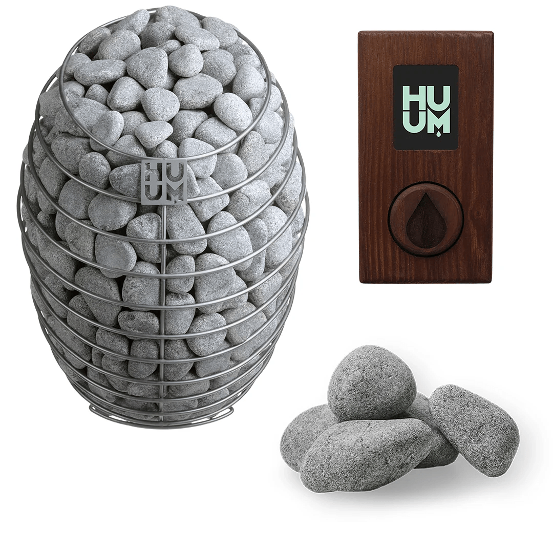 Electric sauna heater with gray stones and wood-case HU control