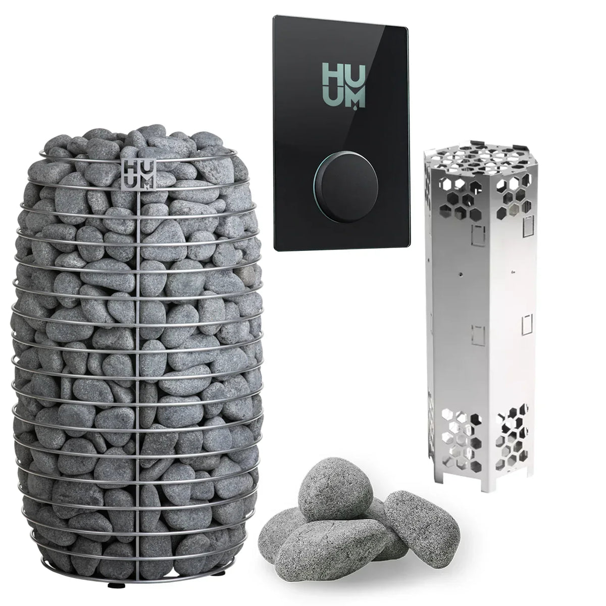 Electric sauna heater with black control panel, gray stones, and stainless side frame